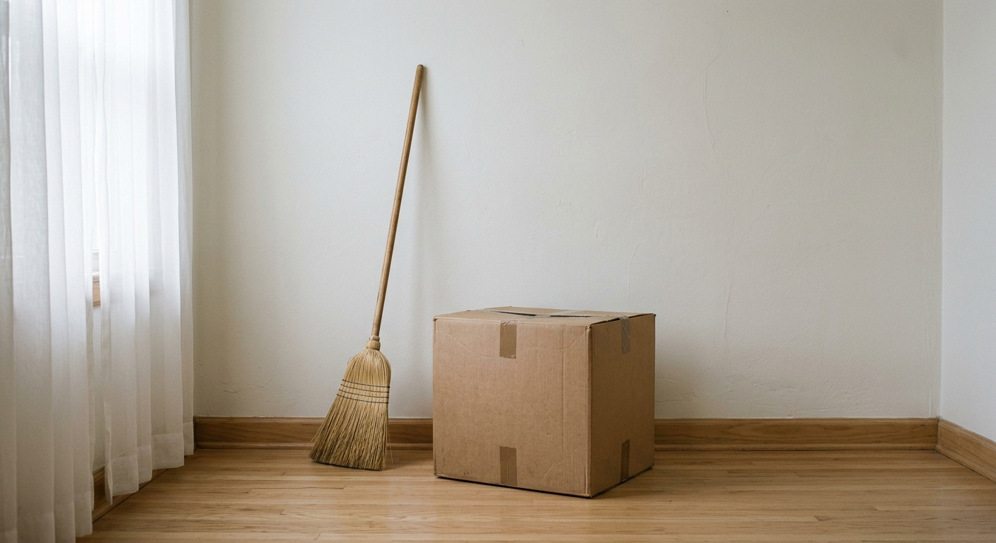 Colorado a cardboard moving box and a broom propped against the wall of an empty room