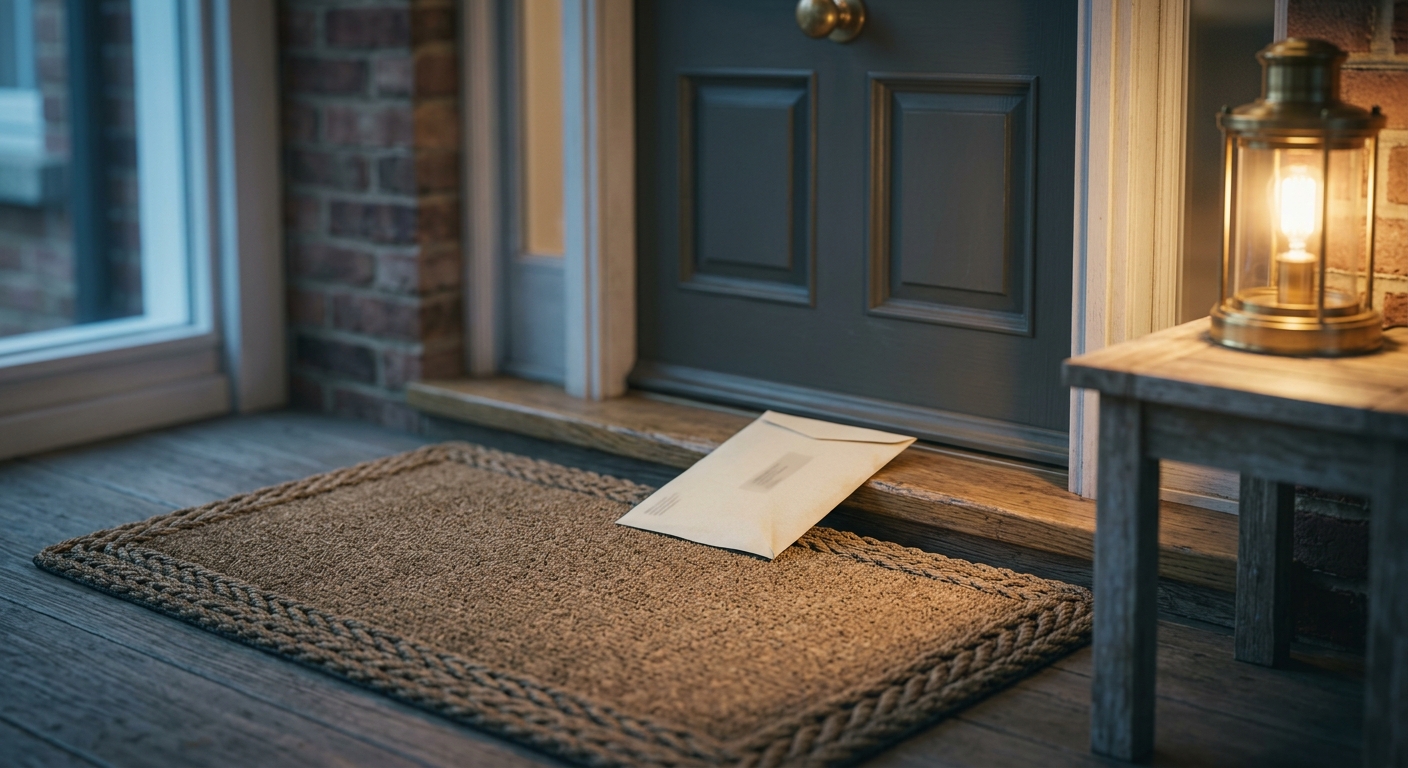 Alabama front porch with a welcome mat and a notice envelope tucked under the door