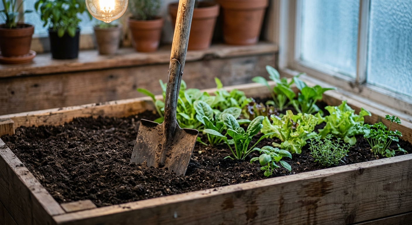 Iowa a small vegetable garden with a shovel stuck in the soil beside a tilled patch