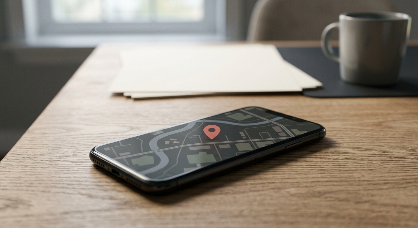 Utah a smartphone lying on a desk showing a simple map pin location marker on screen