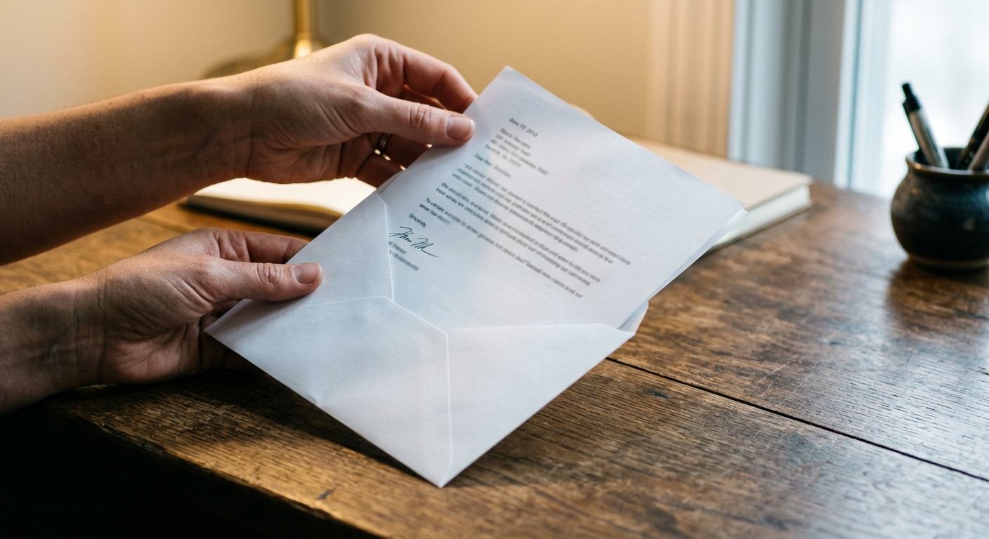 New York hands placing a document into a white envelope