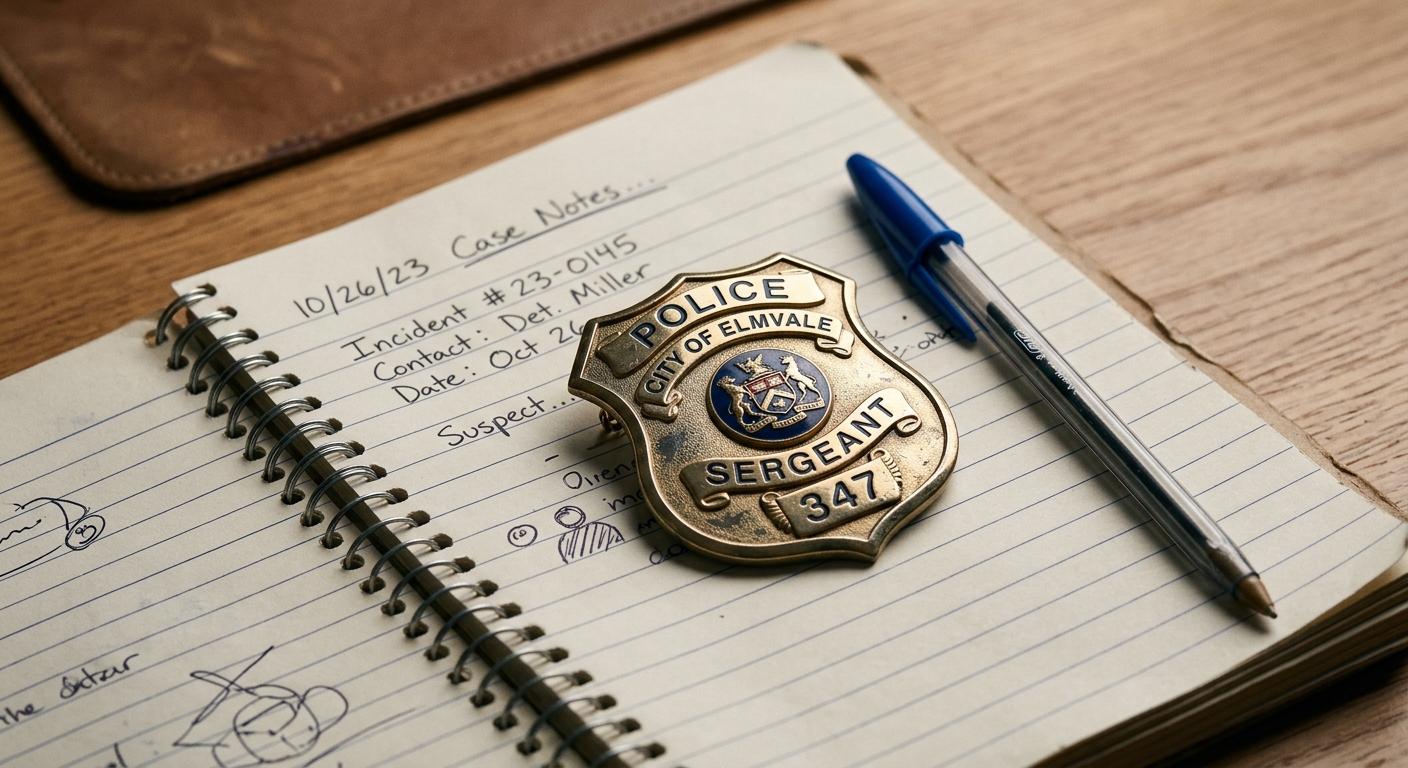 New York police badge resting on a notebook