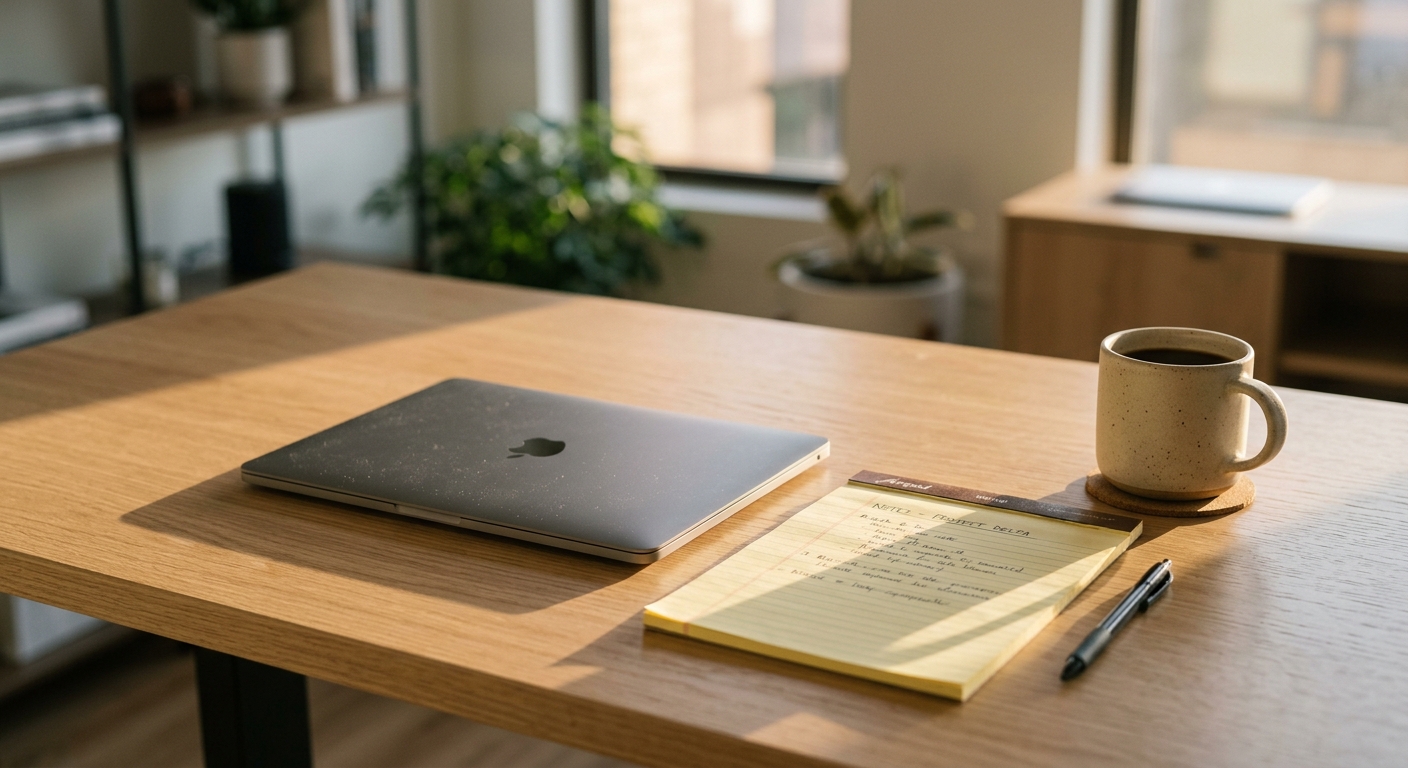 Virginia clean desk with a laptop, legal pad, and coffee mug in a modern office