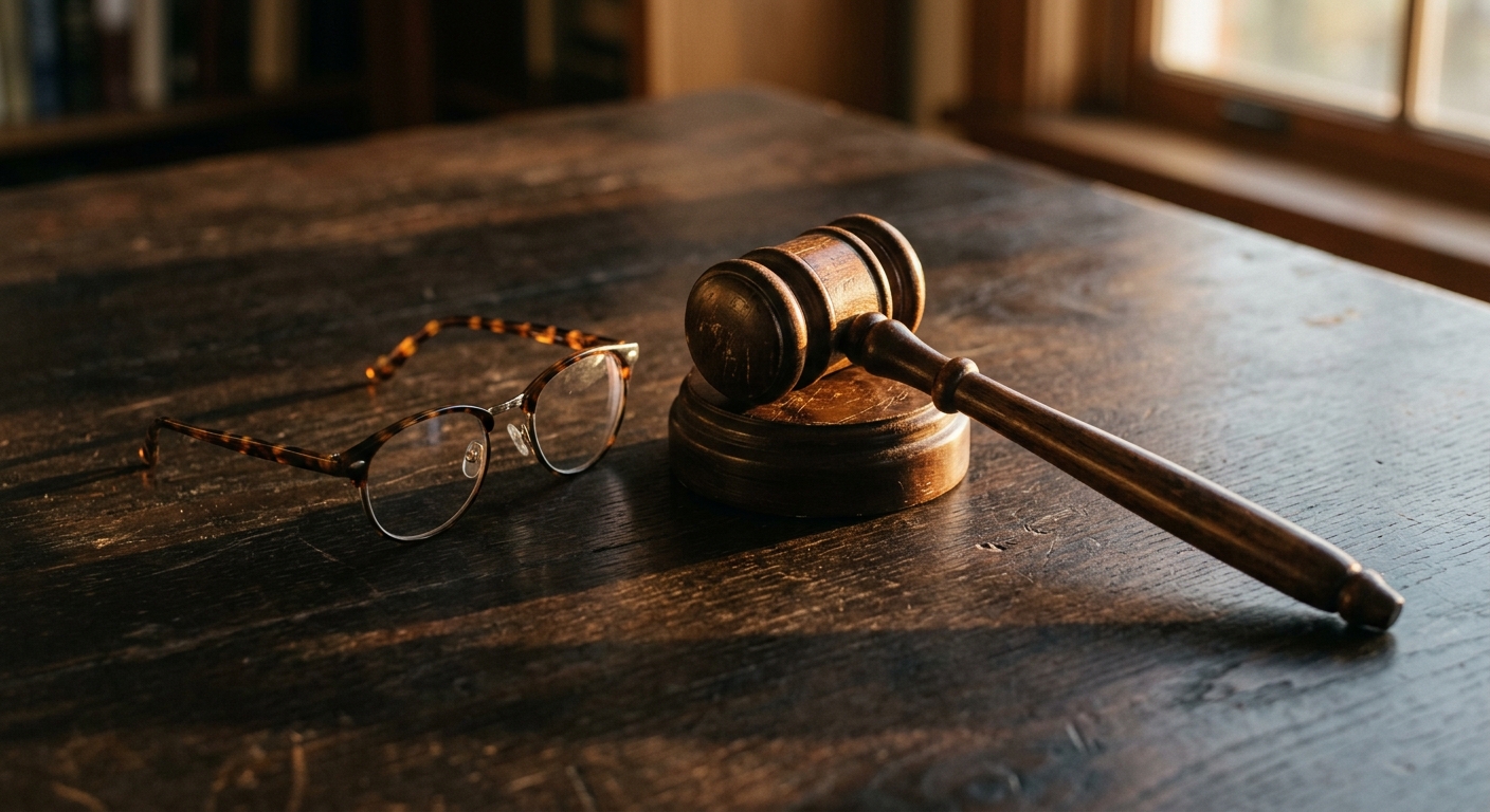 Virginia gavel resting next to reading glasses on a dark surface
