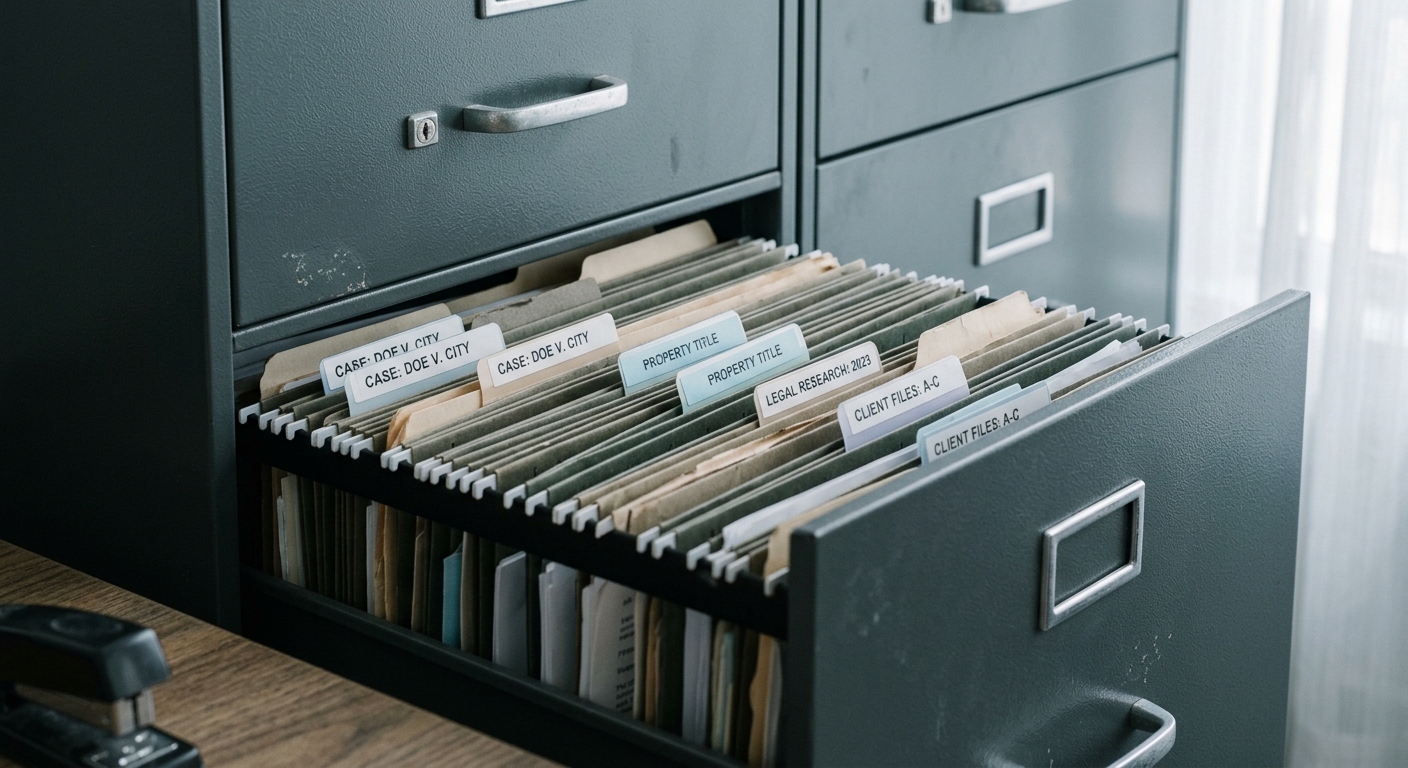 Washington filing cabinet with organized legal folders