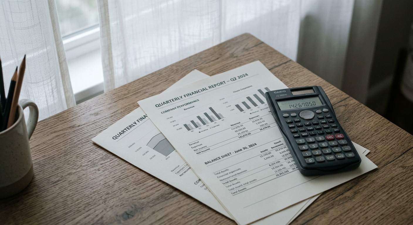 Indiana calculator beside printed financial statements on a desk