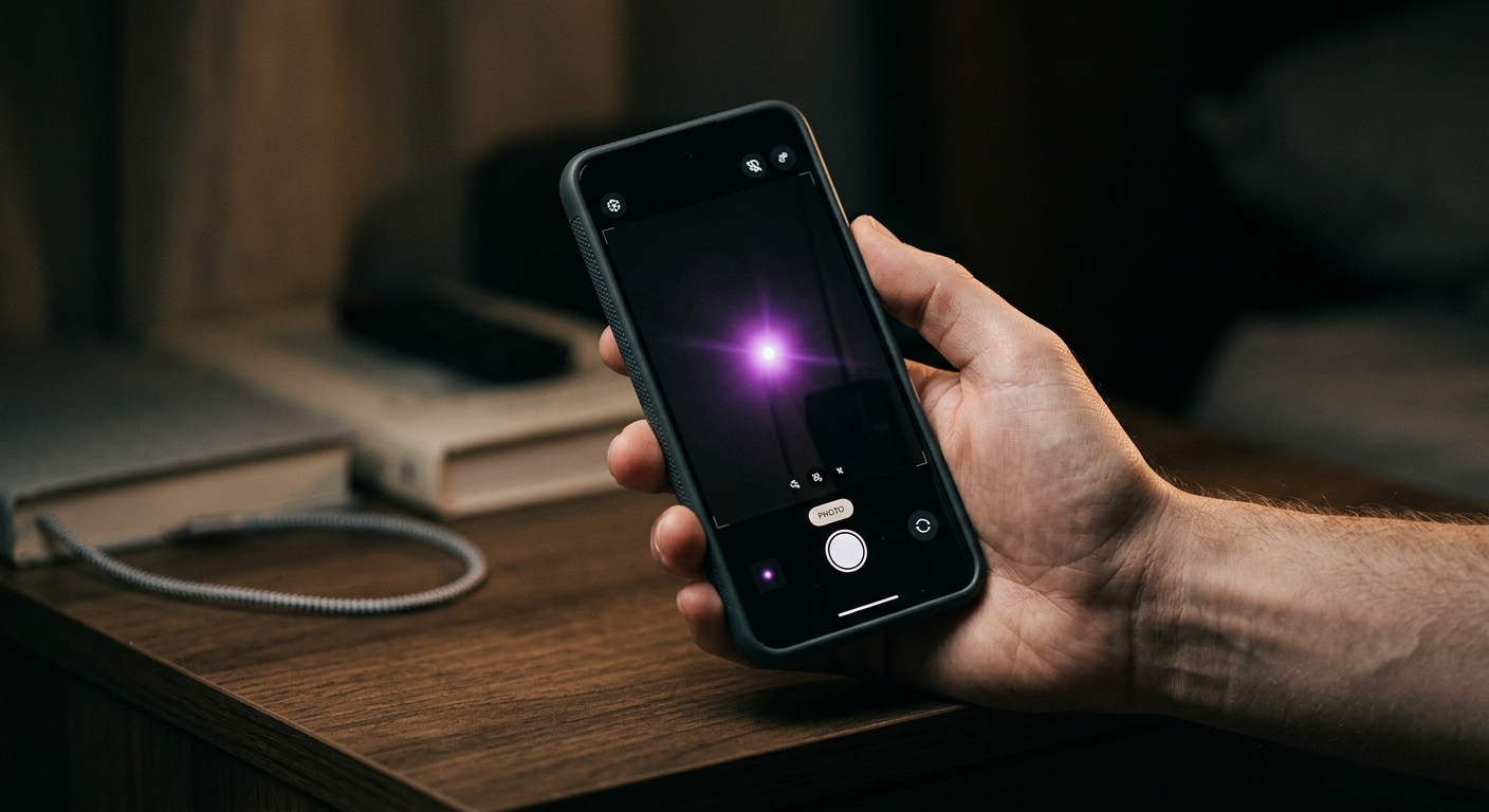 Arizona infrared led glow visible through a smartphone camera screen held up in a dark r