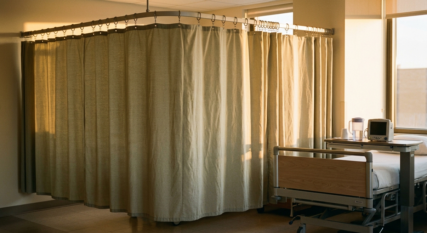 North Dakota privacy curtain pulled closed around a hospital bed, metal rings on curtain rod 