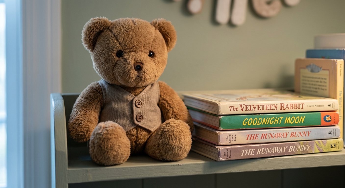 Connecticut nanny camera disguised as a teddy bear sitting on a nursery shelf beside books