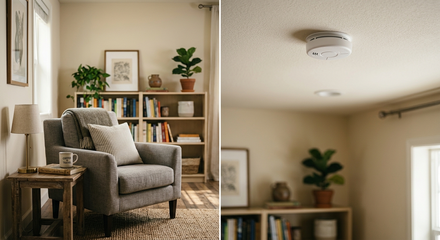 Arizona airbnb-style vacation rental living room with a conspicuous smoke detector on th