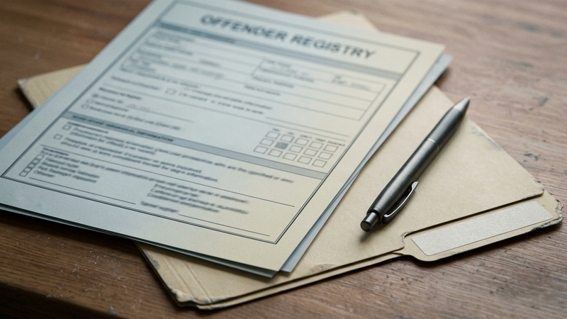 Vermont sex offender registry document on a desk beside a pen and file folder