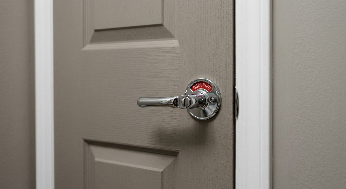 Colorado bathroom door with an occupied indicator lock showing red, chrome hardware