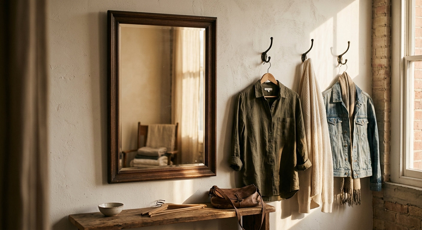 Vermont dressing room mirror with clothing items hanging on hooks beside it