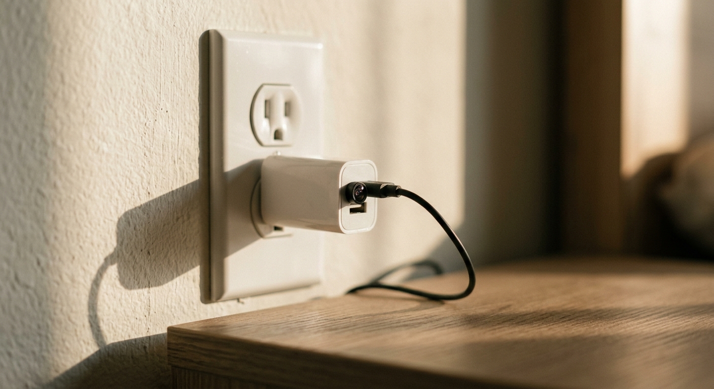 Utah small usb charger plugged into a wall outlet with a tiny lens visible on the fac