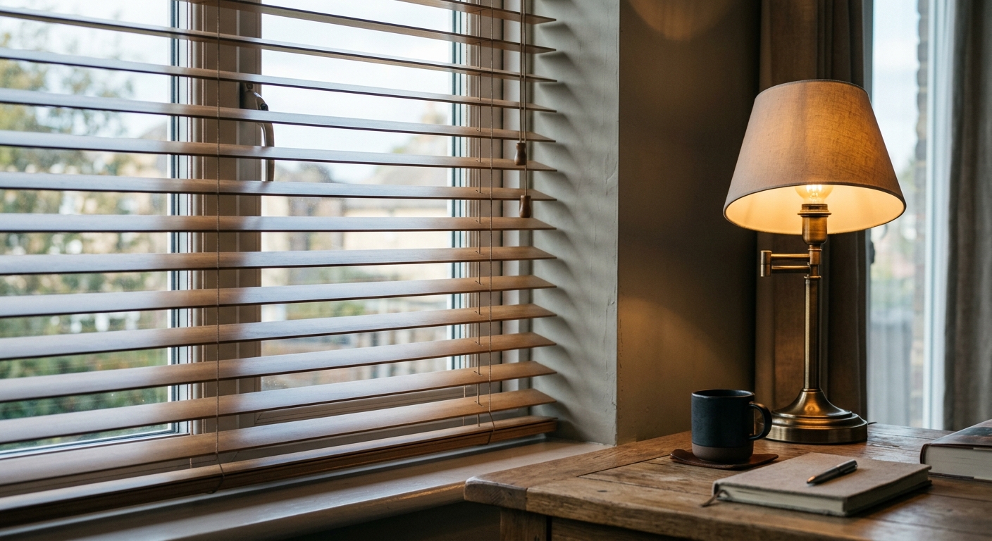 Florida window blinds partially closed with sunlight filtering through the slats