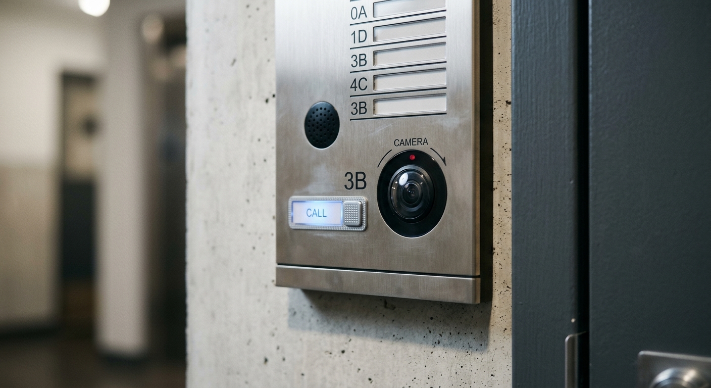 Alaska apartment intercom panel with a camera lens beside the call button