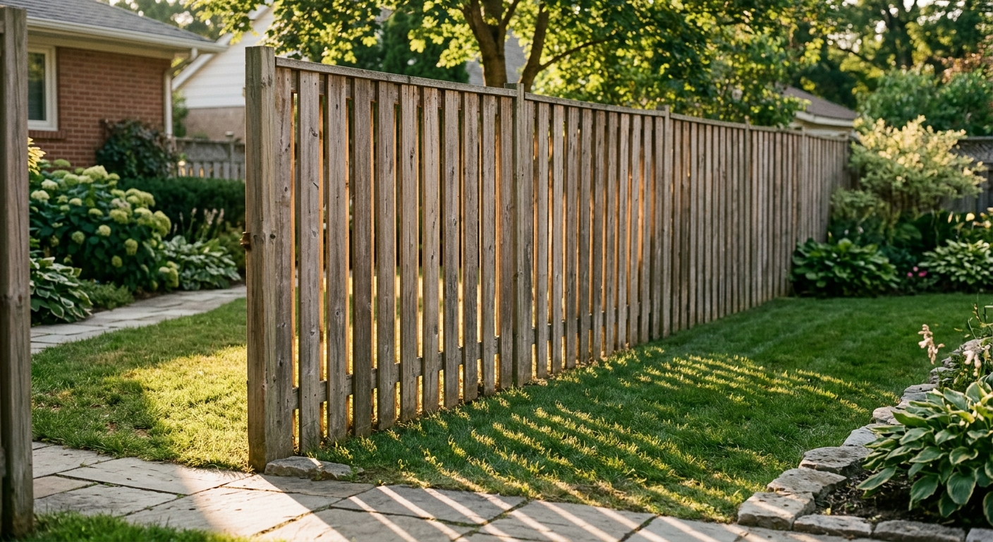 Nevada privacy fence between two residential properties, wooden slats with slight gaps
