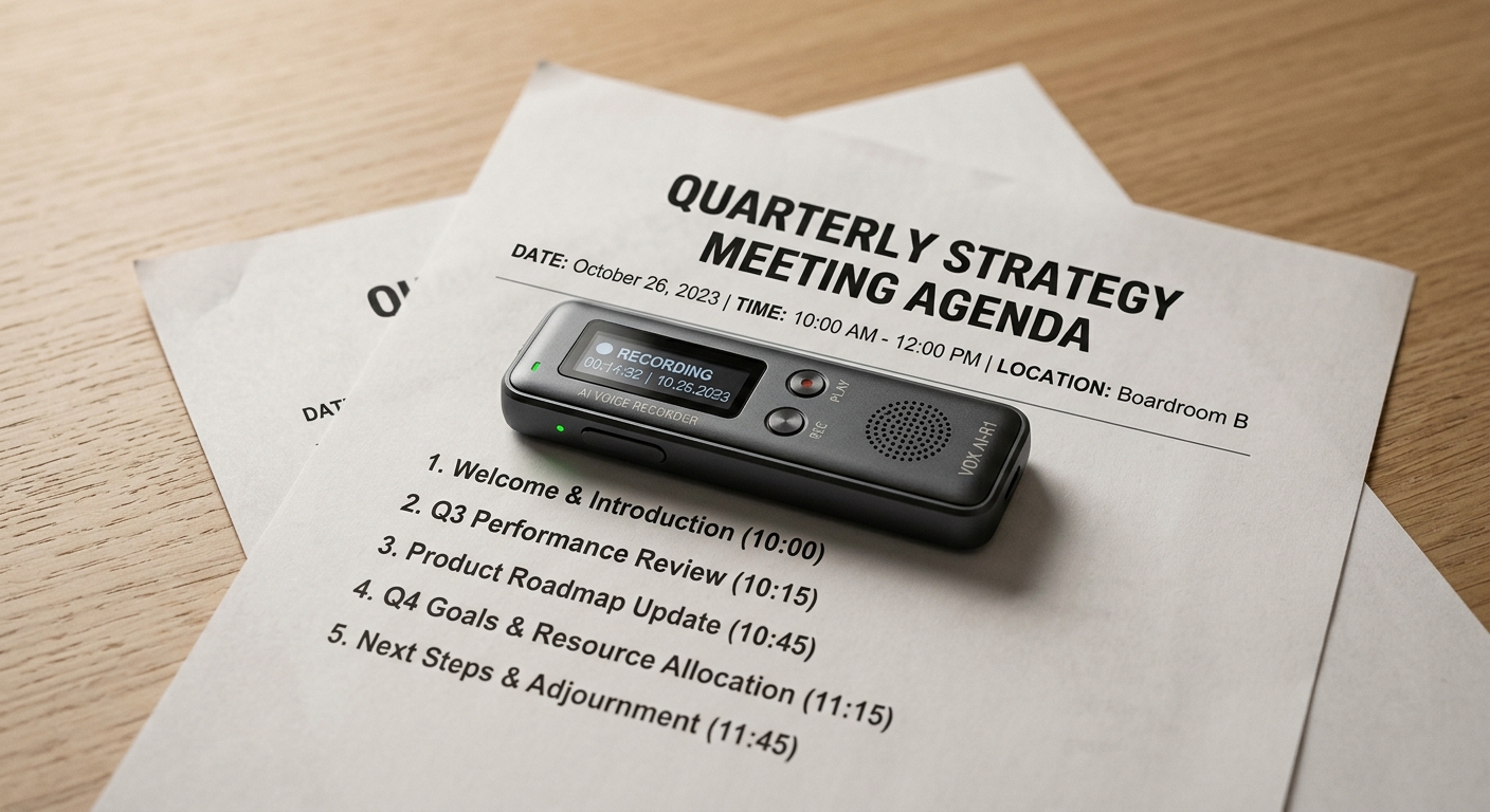 Vermont compact ai voice recorder lying flat on a printed meeting agenda document