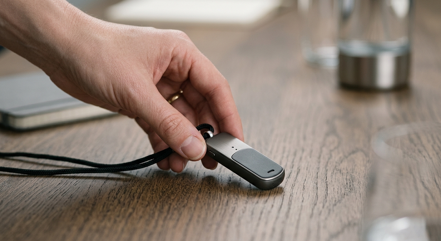Connecticut person's hand placing a small pendant-style recorder on a conference table, soft
