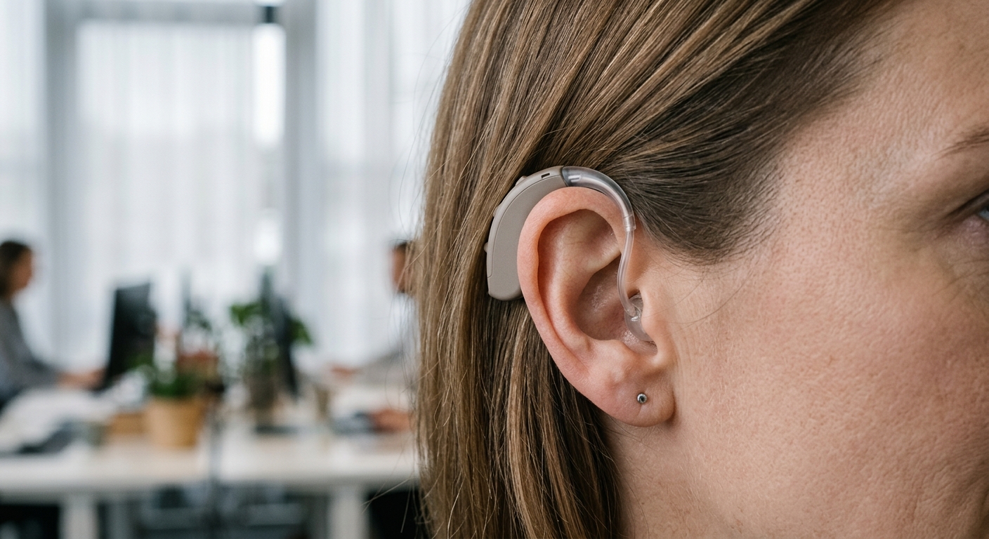 Missouri modern hearing aid behind an ear, close-up with blurred office background
