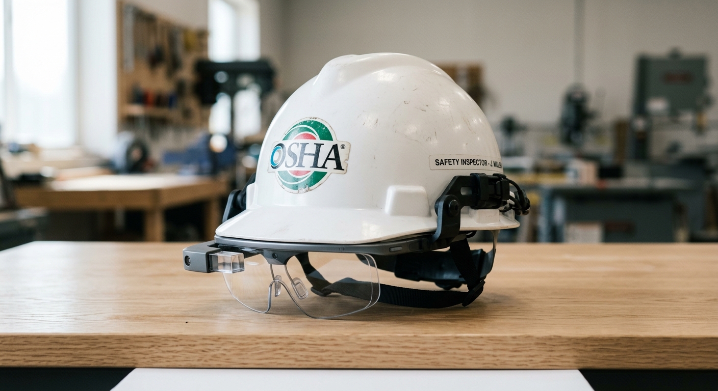 Kentucky osha safety inspector's hard hat with attached smart glasses visor on a clean su