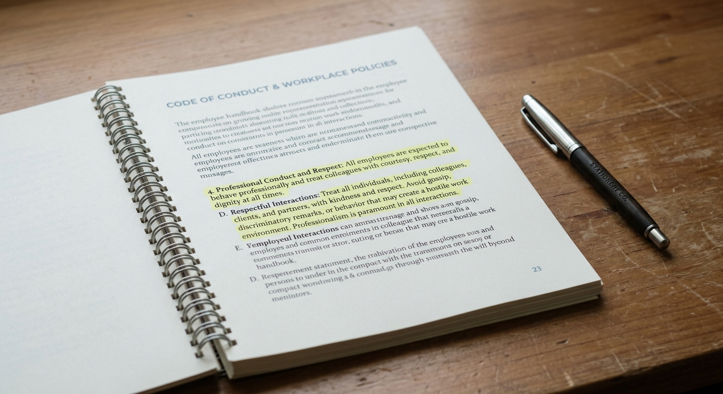 Rhode Island printed employee handbook open to a section with highlighted text, pen alongside