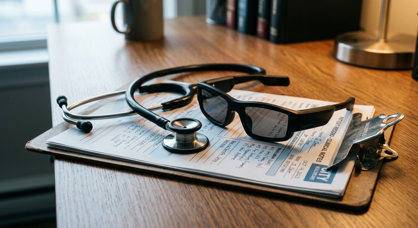 Nevada stethoscope and smart glasses resting side by side on a medical chart clipboard