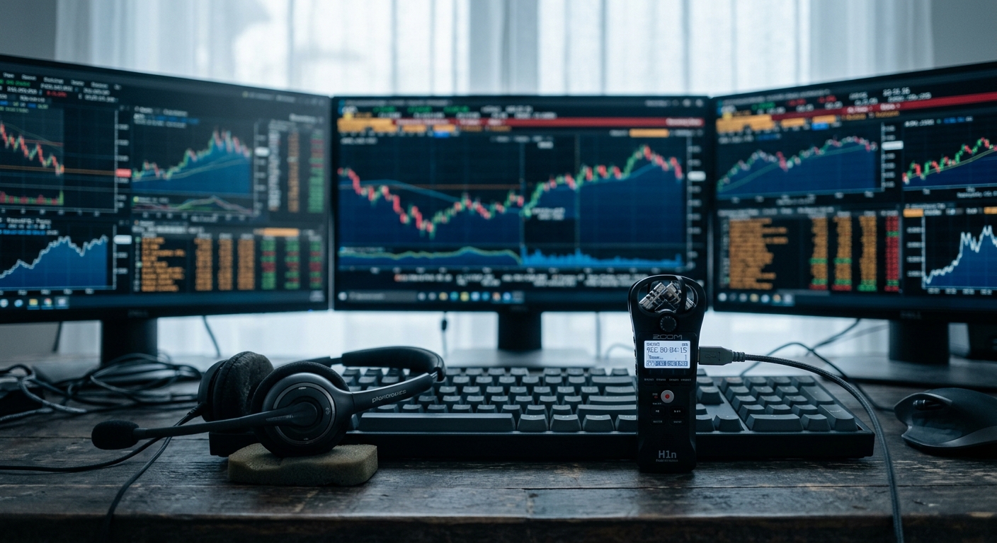 Florida financial trading desk monitors with a headset and small recording device beside