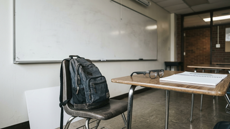 Missouri classroom whiteboard with a backpack on a chair in the foreground, smart glasses