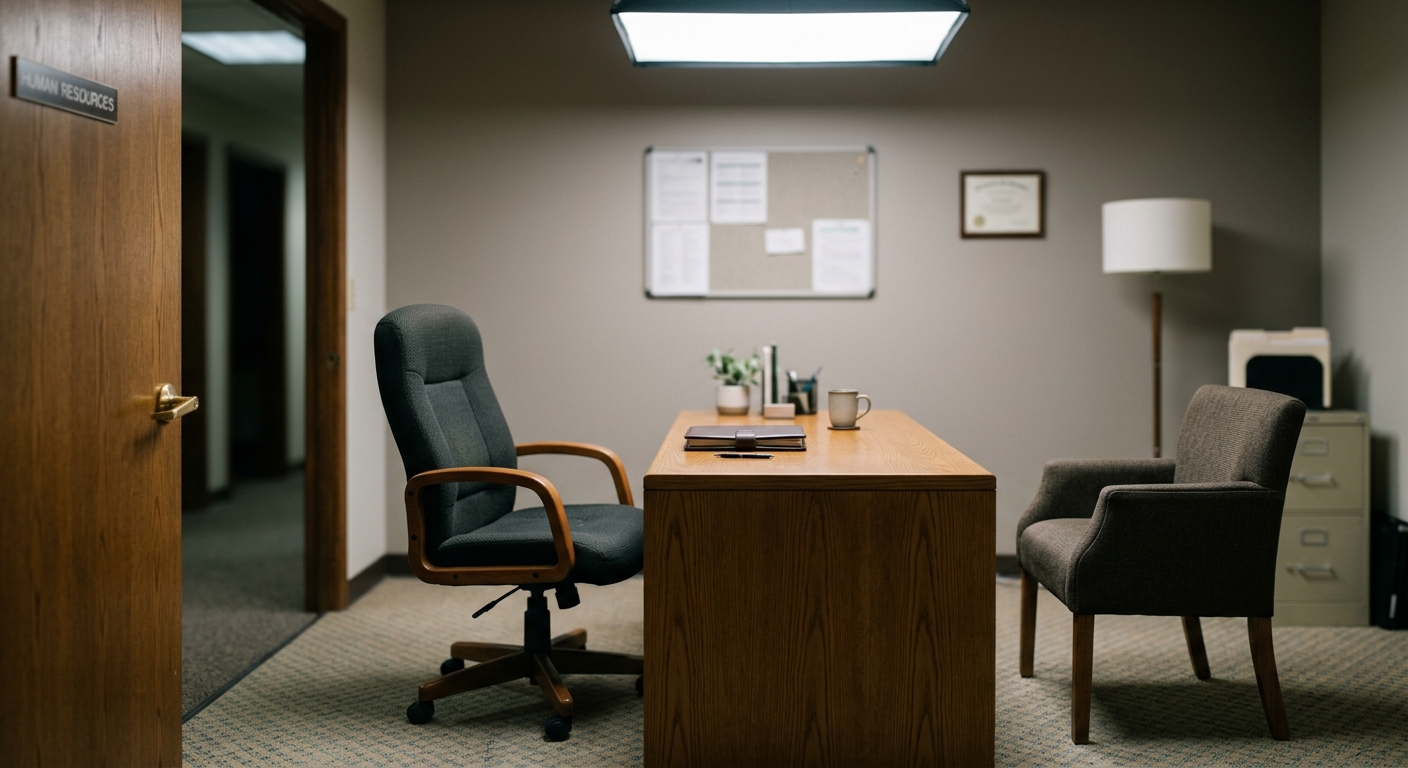 North Dakota two chairs facing each other across a desk in a private hr office, door slightly