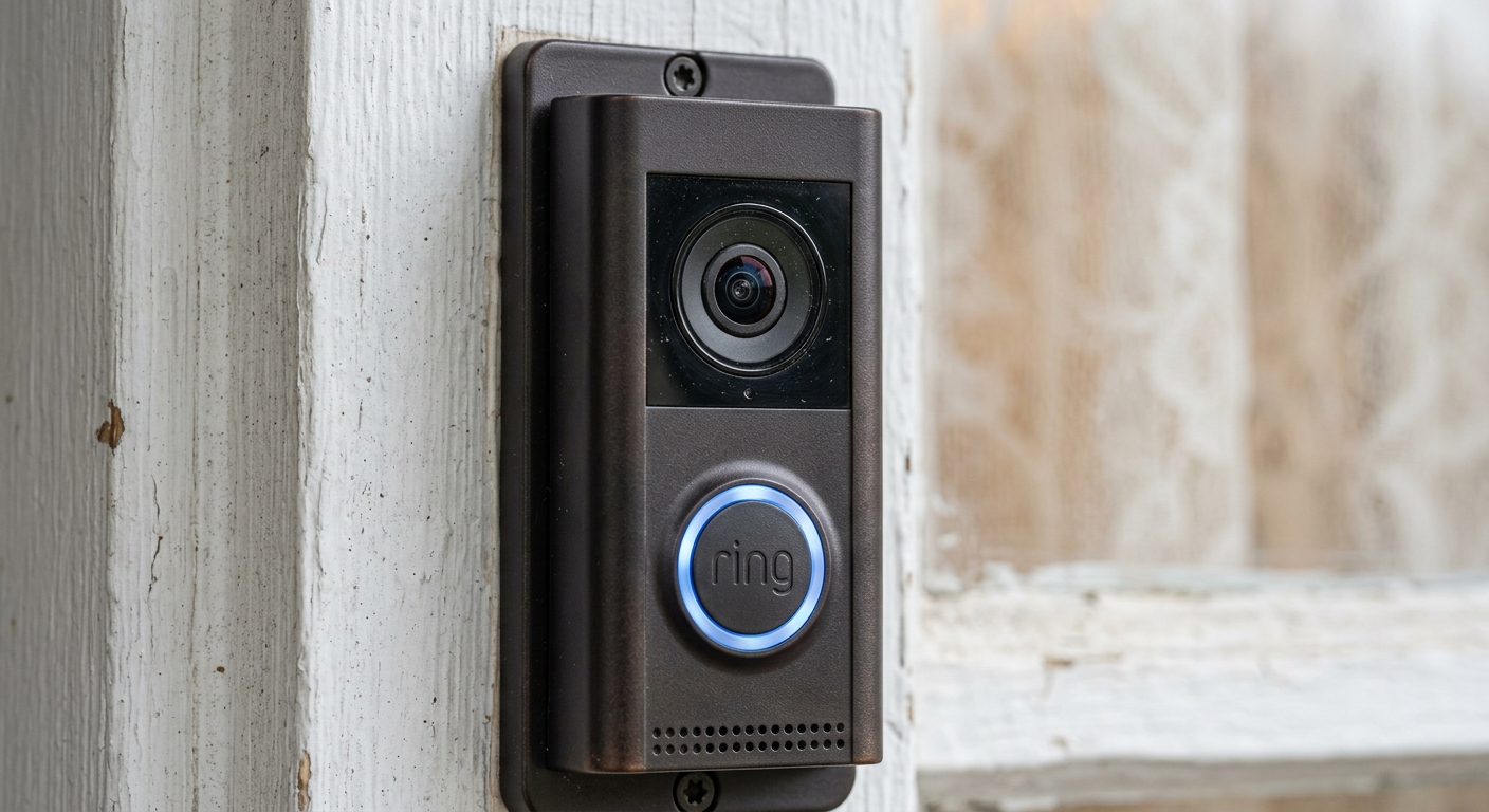 Colorado ring doorbell camera mounted on a door frame, close-up of the lens and indicator