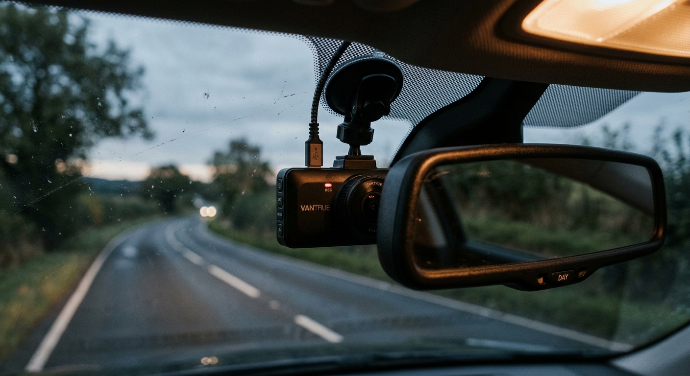 Oklahoma dashcam mounted behind a rearview mirror inside a vehicle, road ahead visible th