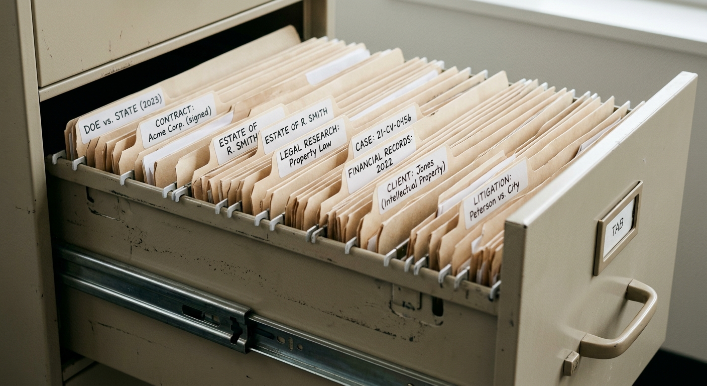 United States filing cabinet with organized legal folders