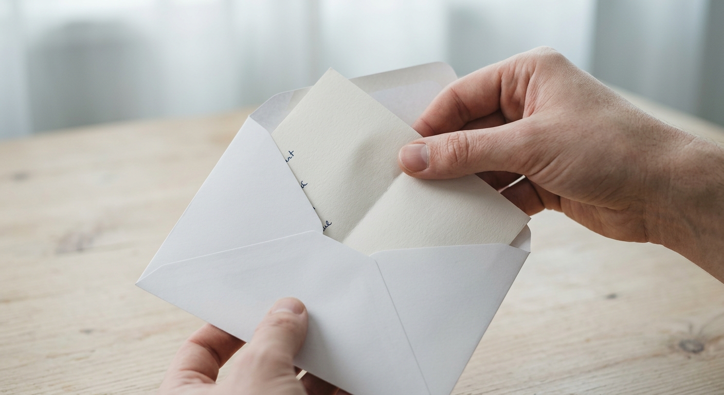 United States hands placing a document into a white envelope