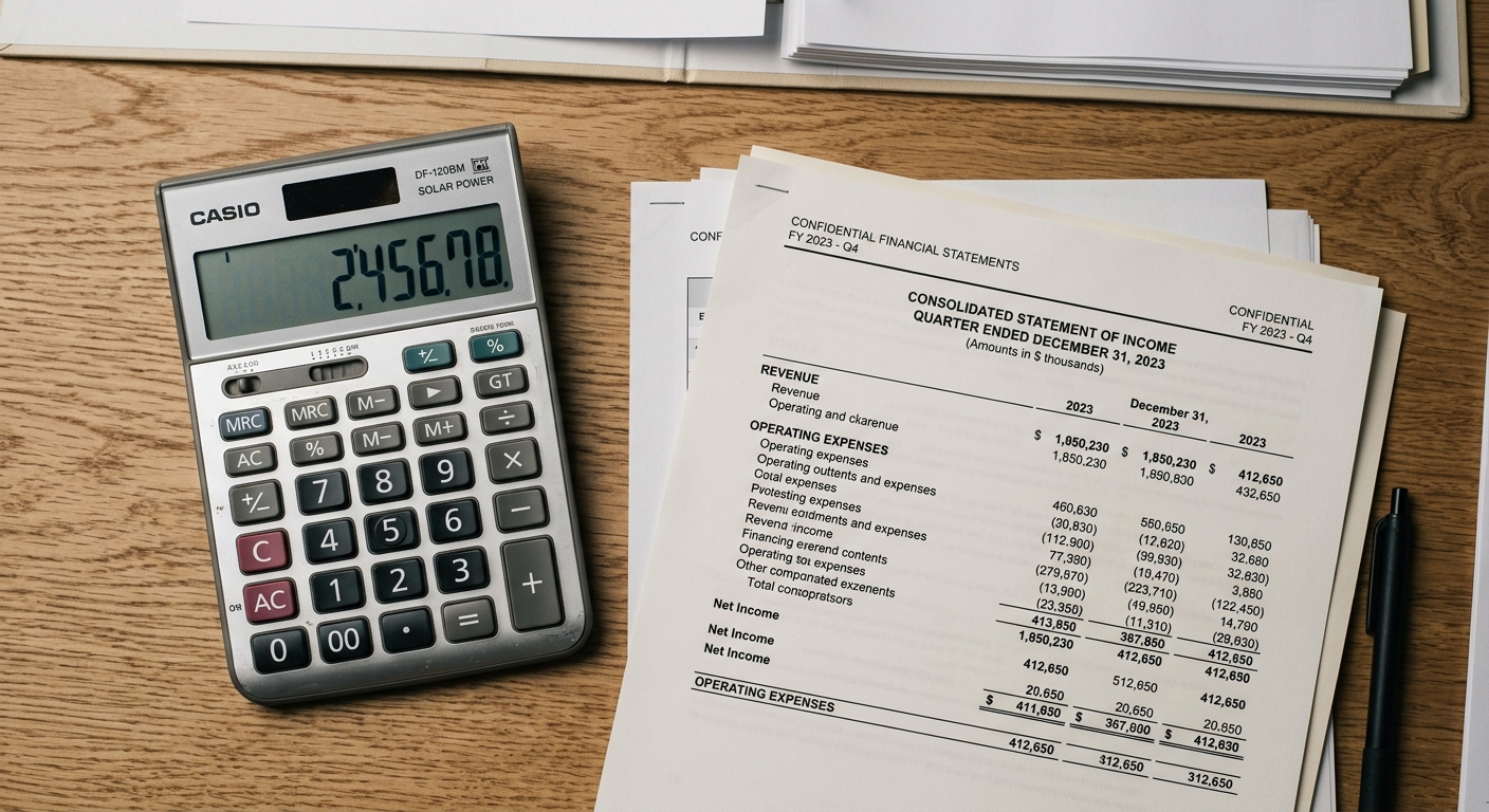 United States calculator beside printed financial statements on a desk
