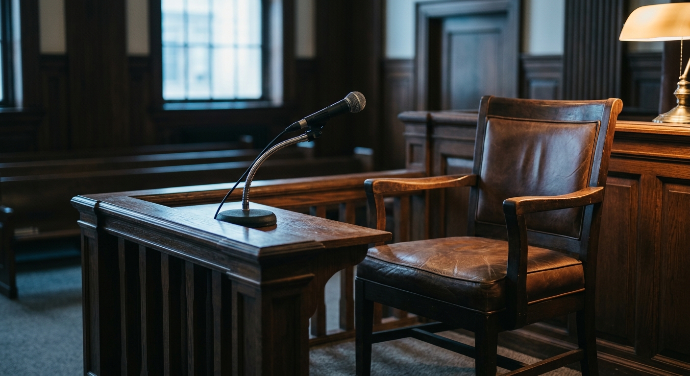 United States witness chair in a courtroom with a microphone