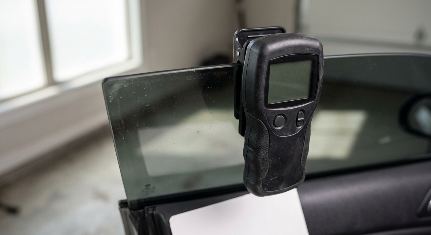 a handheld VLT tint meter clipped to a car window, no people