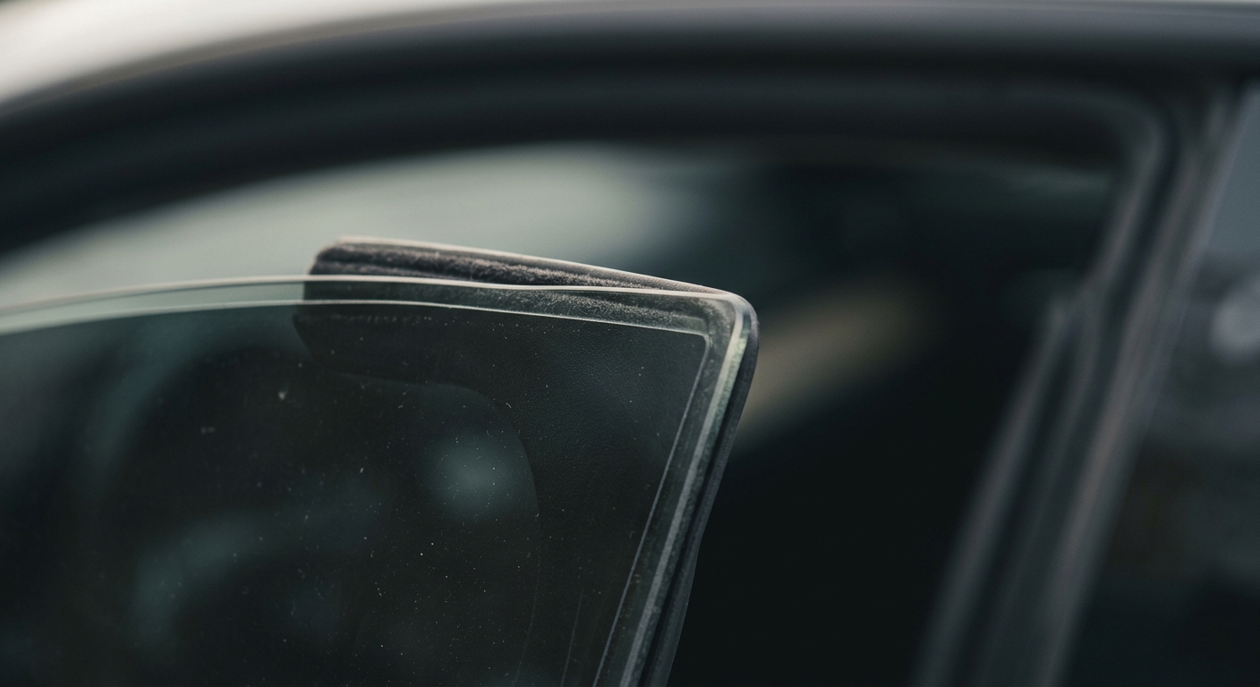 a close-up of a car side window with a clean tint film edge, no people