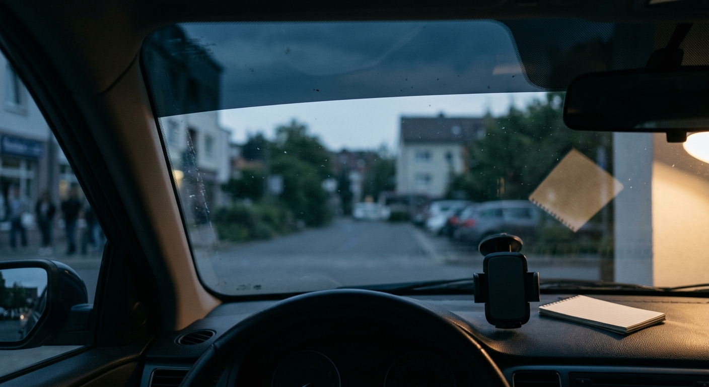 a windshield interior view with a dark band along the top, no people