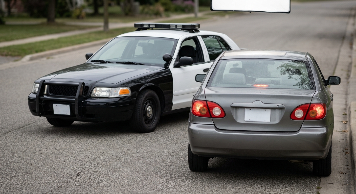 a police patrol car behind a sedan at a daytime traffic stop, no people