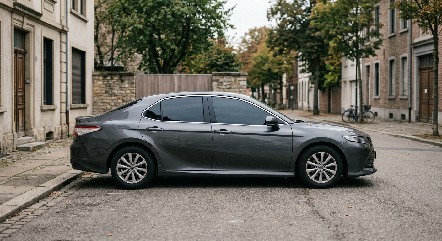 a sedan in profile with tinted windows on a quiet street, no people
