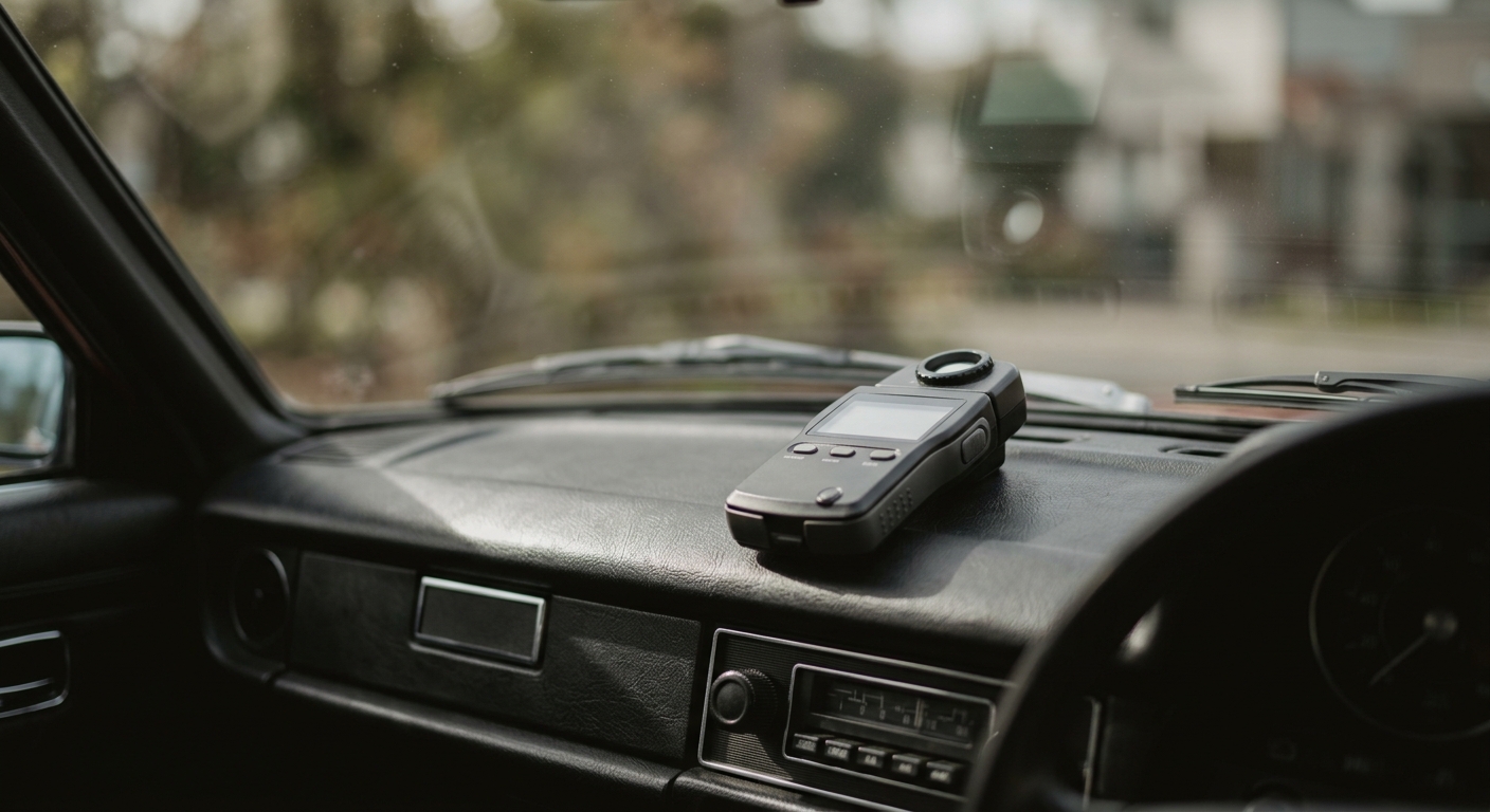 a digital light meter on a car dashboard in daylight, no people