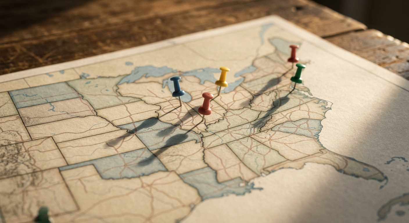 a printed map of the United States on a desk with colored pins