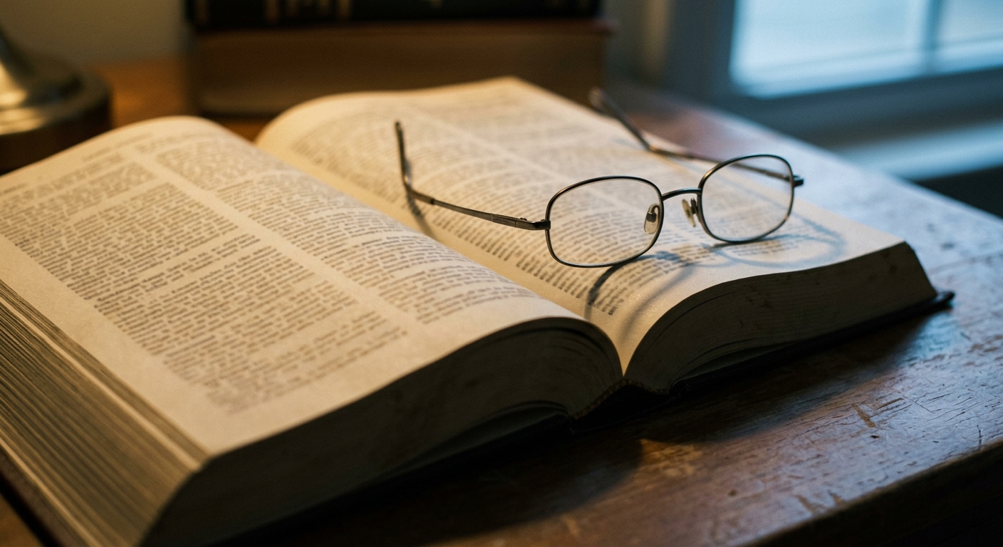 an open law book to a dense statute page with reading glasses