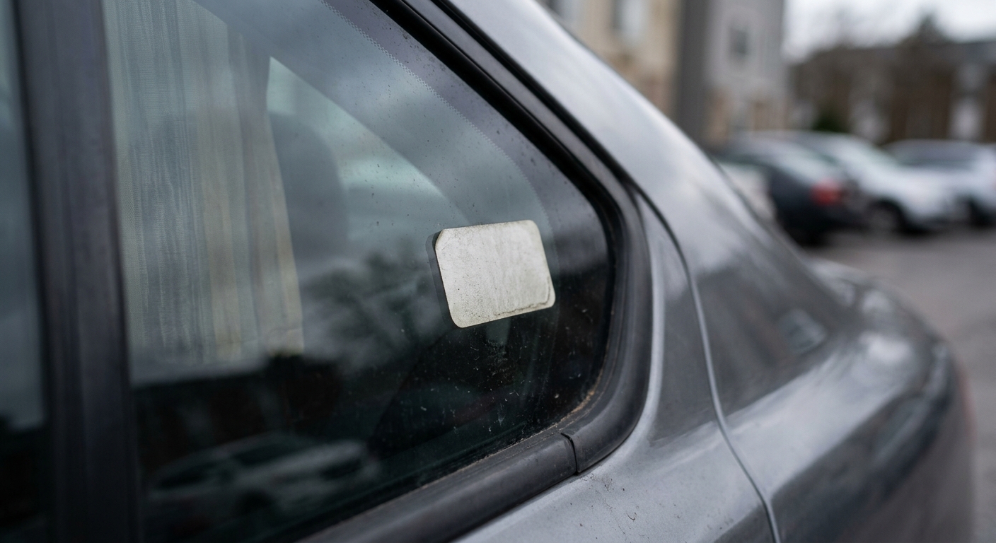 a small adhesive compliance sticker on the corner of a car window, no people