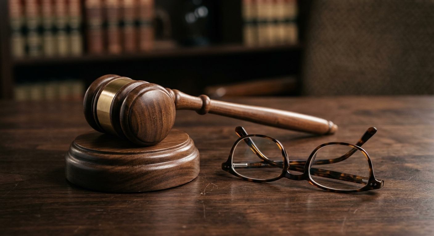Hawaii gavel resting next to reading glasses on a dark surface