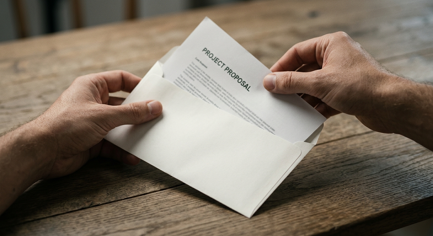 Washington hands placing a document into a white envelope