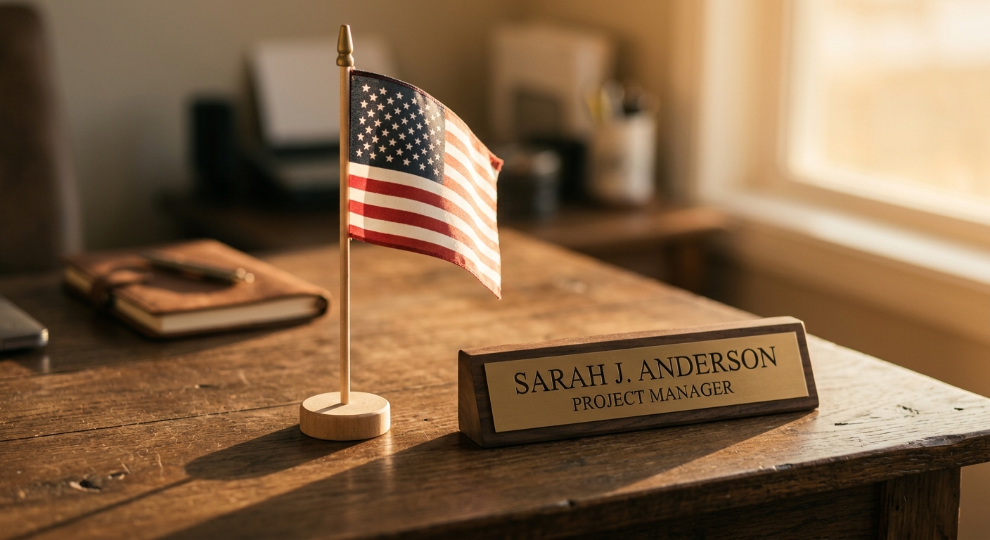 Nevada small american flag standing on a desk beside a nameplate