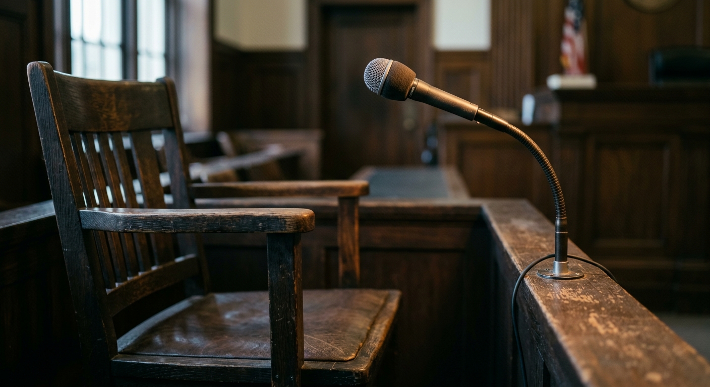 North Dakota witness chair in a courtroom with a microphone