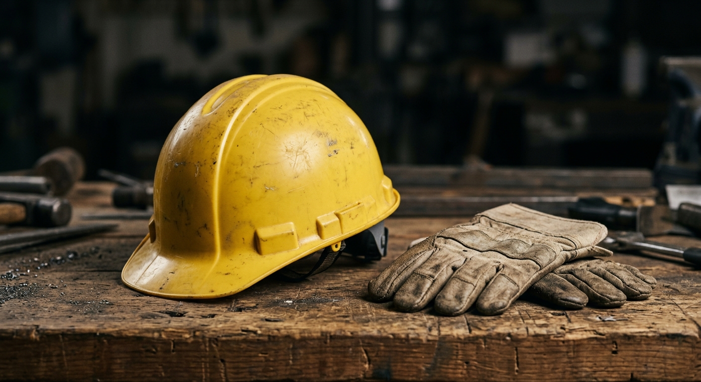 a yellow hard hat on a workbench beside work gloves, no people